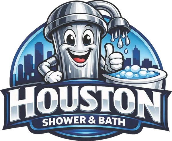 Suds, the Houston Shower & Bath mascot: a smiling chrome shower head giving a thumbs-up beside a bubble bath, over the Houston skyline